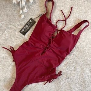 Burgundy Lace-Up One-Piece Swimsuit